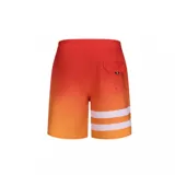 Bermuda de baño naranja con degradado a amarillo y tres franjas horizontales blancas en la pierna izquierda.