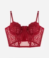 Corset rojo de encaje floral sin copa, con breteles dobles ajustables y varillas internas.