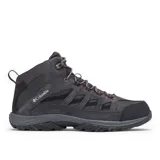 Bota de trekking Columbia Crestwood Mid Waterproof para hombre, color gris oscuro con detalles en negro y rojo. Confeccionada en cuero, malla y cinchas, con tecnología Omni-Tech impermeable y transpirable, entresuela TechLite para amortiguación y suela Omni-Grip para tracción en todo tipo de terrenos.