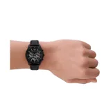 Reloj Emporio Armani modelo AR11583 para hombre, con caja de acero inoxidable negra de 41mm, esfera negra con subesferas de cronógrafo y ventana de fecha, manecillas e índices plateados, correa de cuero negra y resistencia al agua de 50 metros.