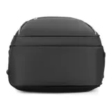 Mochila negra de tafeta con bolsillo frontal, tres divisiones con cierre, capacidad para notebook, bolsillos laterales de rejilla y detalles reflectivos.