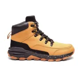 Bota de trekking Hi-Tec Tommie color negro, de caña media, con cordones marrones y suela marrón con detalles en blanco.