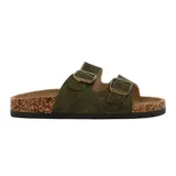Sandalias bajas color verde oliva con dos tiras ajustables con hebilla y suela de corcho.