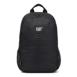 Mochila negra con estampado geométrico, logo de Caterpillar en el frente, tirantes ajustables de malla elástica, bolsillo portaobjetos y ranuras para bolígrafos en el compartimento principal, y compartimento trasero acolchado para un portátil.