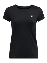 Remera deportiva Under Armour de mujer, color negro, con logo estampado en el pecho. Confeccionada en tejido HeatGear® Armour que absorbe el sudor y se estira para facilitar el movimiento.