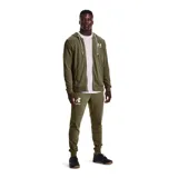 Campera Under Armour Rival Terry, color gris jaspeado, con cierre frontal completo, capucha con cordones ajustables y logo estampado en el pecho.
