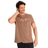 Remera marrón de manga corta con cuello redondo y logo de Caterpillar estampado en el pecho.