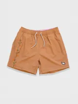 Short de baño marrón con bordado de enredadera en la pierna, cintura elástica con cordón regulable, bolsillos laterales y trasero con cierre.