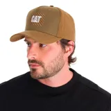 Gorro de camionero gris con visera y parte trasera de rejilla negra. Logotipo de Caterpillar bordado en la parte delantera.