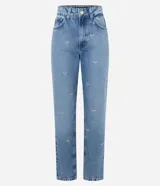 Pantalón mom jeans de denim azul claro con bordado de moñas blancas.