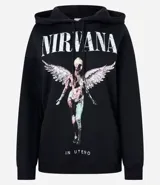 Buzo negro de algodón y poliéster con capucha ajustable y puños acanalados. Estampa frontal del disco "In Utero" de la banda de rock Nirvana.