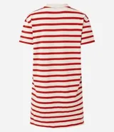 Vestido corto tipo t-shirt a rayas horizontales blancas y negras, con cuello redondo y bolsillo en el pecho.