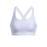 Top deportivo Under Armour naranja con tirantes cruzados en la espalda y banda inferior blanca con logo de la marca.
