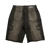 Bermuda de denim con cruces bordadas y corte de tiro alto, en un acabado gris desgastado.