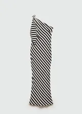 Vestido largo de fiesta con estampado de rayas diagonales en blanco y negro, escote asimétrico y tirante ancho con nudo.