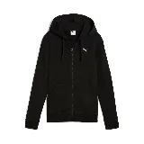 Campera con capucha Puma ESS Full-Zip Hoodie, color negro, con cierre frontal completo, bolsillos laterales y logo de Puma estampado en blanco en el pecho.