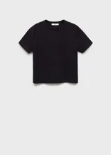 Camiseta negra de algodón con cuello redondo, manga corta y diseño calado con bordados.