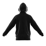 Campera Adidas Essentials French Terry de hombre, color negro con capucha y cierre completo. Diseño con tres rayas blancas en las mangas y logo Adidas bordado en el pecho.
