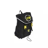 Mochila Adidas negra con estampado del logo de Adidas y el logo de Smiley en amarillo. Tiene correas ajustables, cierre con cordón y hebillas amarillas.