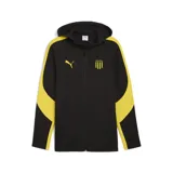 Campera deportiva con capucha Puma CAP, color negro con detalles en amarillo. Presenta cierre frontal, bolsillos laterales y logo de Puma bordado en el pecho.