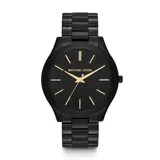 Reloj Michael Kors modelo Runway, con caja y pulsera de acero inoxidable color negro. Esfera negra con agujas e indicadores dorados. Resistente al agua hasta 50 metros.
