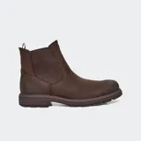 Botas Chelsea marrones de cuero impermeable con doble gore, lengüeta trasera y suela de goma.