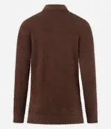 Suéter marrón de punto con cuello redondo y mangas largas ajustadas. Diseño slim alargado con efecto de pelitos.