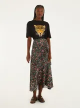 Falda midi de algodón con estampado floral multicolor, cintura ajustada y corte evasé.