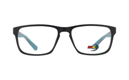 Armazón de anteojos MDQ modelo M29, color azul mate, con forma rectangular y patillas celestes con logo de la marca.