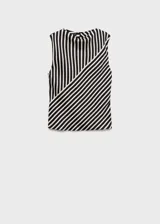 Blusa sin mangas de tejido fluido satinado con estampado de rayas verticales en blanco y negro, cuello Perkins y cierre de cremallera en la parte posterior.