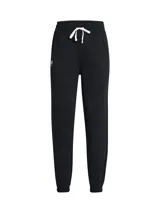 Pantalón de jogging negro, corte jogger con puños ajustados en los tobillos y cordón blanco en la cintura. Presenta un pequeño logo deportivo en la cadera izquierda.