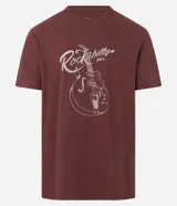 Remera marrón con estampa de una guitarra y la inscripción "Rockabilly 50's".