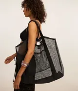 Bolso de playa mediano de tela de poliéster transparente color negro con ribetes y asas de tela negra.