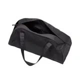Bolso deportivo tipo duffel bag color negro, con asas de mano y correa ajustable para hombro. Presenta un gran logo Nike Swoosh en blanco con efecto de líneas horizontales en el frente, y un bolsillo exterior con cierre.