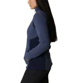 Polar de mujer Columbia, modelo Basin Trail III Full, color azul marino oscuro, con cierre frontal completo y cuello alto. Presenta paneles laterales en un tono de azul más oscuro.