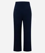 Pantalón femenino de punto roma color azul marino, de corte recto, con pliegues frontales y bolsillos laterales.