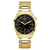 Reloj Guess con caja redonda de acero inoxidable dorado de 42mm y esfera negra. La correa es de acero inoxidable dorado y tiene una resistencia al agua de 5 ATM.