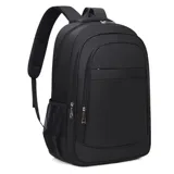 Mochila negra con bolsillo frontal, tres divisiones con cierre y capacidad para notebook. Incluye bolsillos laterales de rejilla para botellas.