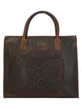 Cartera tote de cuero color marrón oscuro con asas cortas y bolsillo frontal con diseño de hojas en relieve.