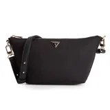 Bandolera Guess color negro con logo triangular dorado en el frente, correa de hombro ajustable y cierre superior con cremallera.