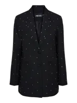 Blazer negro de corte oversize con solapas de muesca, cierre con dos botones y bolsillos delanteros con solapa. Decorado con pequeños cristales plateados.