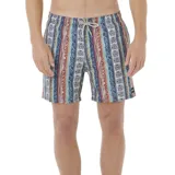 Short de baño Rip Curl modelo Horizon, con estampado de rayas verticales en tonos azul, rojo, blanco y amarillo.