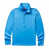 Buzo negro de poliéster reciclado y spandex, con cierre de 1/4, cuello alto, mangas largas con orificios para pulgares y logo de la marca en el pecho.