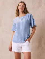 Blusa de mangas cortas amplias con aplique de botones en los hombros. Diseño a rayas verticales celestes y blancas.