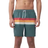 Short de baño Quiksilver con estampado de rayas horizontales en tonos rojo, naranja y blanco sobre fondo verde.