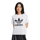 Remera Adidas blanca de corte cuadrado con logo negro de Adidas en el frente.