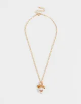 Collar corto dorado con cadena de eslabones y dije de perla con strass, corazón y rosa.