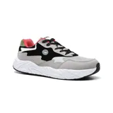 Championes Hi-Tec Lea de estilo casual, con capellada combinada en tonos gris, beige y azul marino, con detalles de costuras y perforaciones. Suela de goma blanca con base marrón.