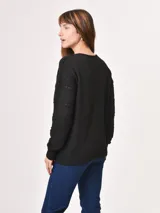 Buzo de tejido de punto negro, con cuello en V y mangas largas. Presenta franjas horizontales con pequeños calados decorativos.