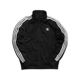 Campera Adidas Originals Adicolor Classics Firebird negra con cuello alto, cierre frontal y bolsillos con cremallera. Presenta las tres rayas blancas características de la marca en las mangas y el logo bordado en el pecho.